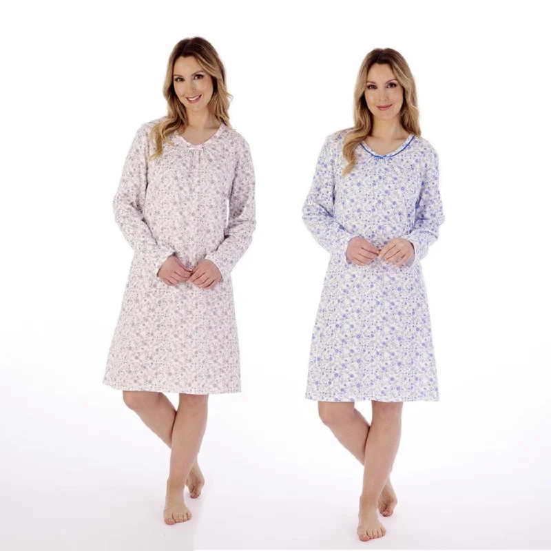 Slenderella Floral 100% Cotton Jersey Long Sleeve Shorter Length Nightdress