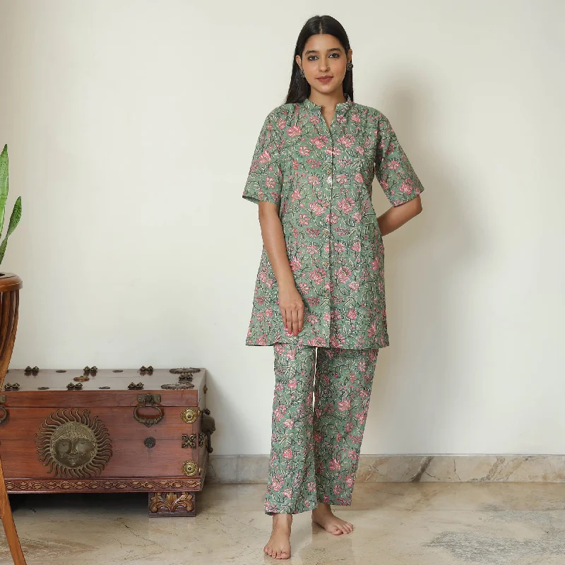 Green - Sanganeri Block Printed Cotton Night Suit Set 07