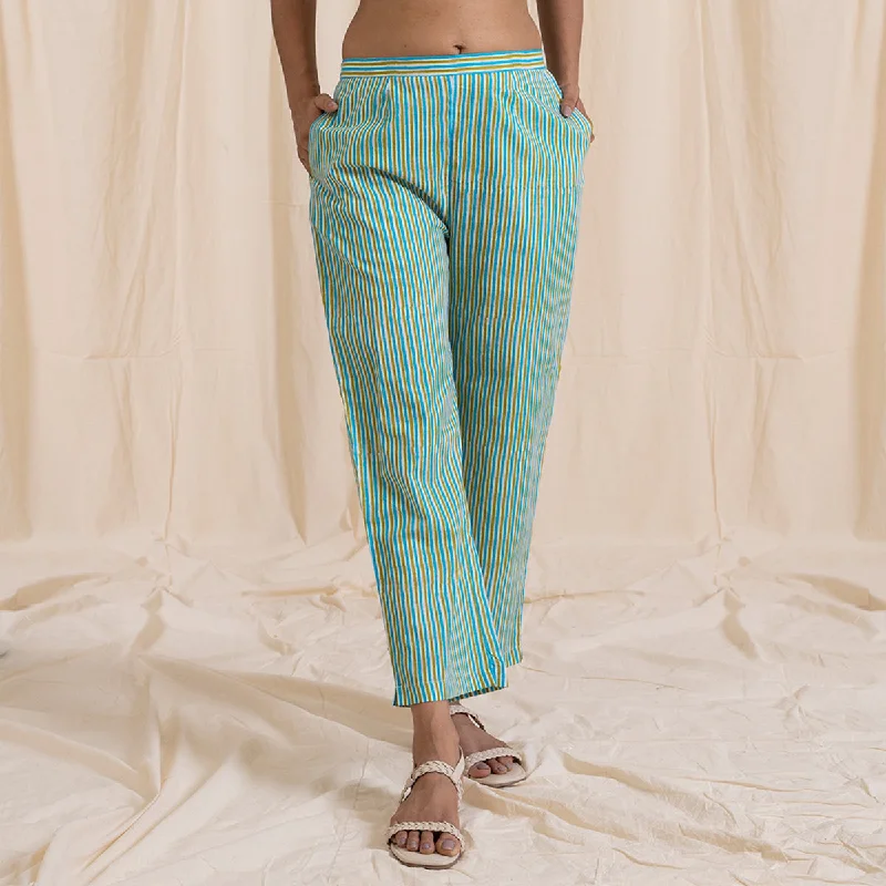 Cotton Straight Pajama Pants | Striped | Green