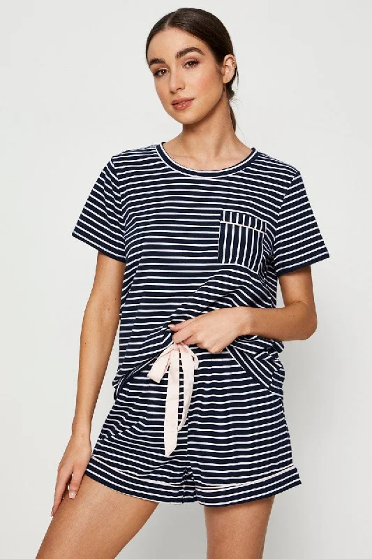 Stripe Jersey Pajamas Set Short Sleeve Round Neck