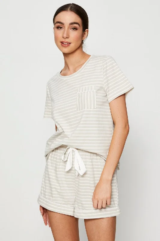 Stripe Jersey Pajamas Set Short Sleeve Round Neck