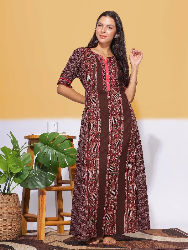 Alpine Maxi Designer Maroon Brown Nighty Frock Style