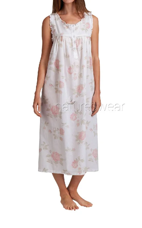 Arabella 100% Cotton Nightgown Sleeveless with Button Up Shoulder in White and Rose Floral MD-7