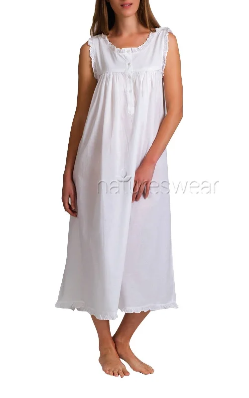 Arabella 100% Cotton Nightgown Sleeveless with button Up Shoulder in White MD-7W