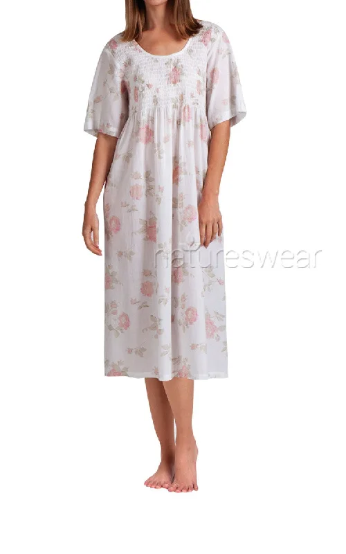 Arabella 100% Cotton Nightgown with Short Sleeve in White and Rose Floral MD-83