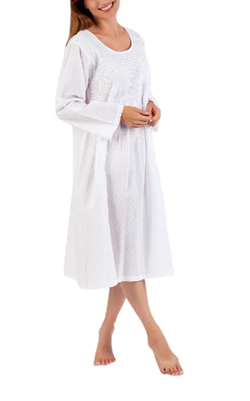 Arabella 100% Cotton Nightgown with Long Sleeve in White Hail Spot MD-88