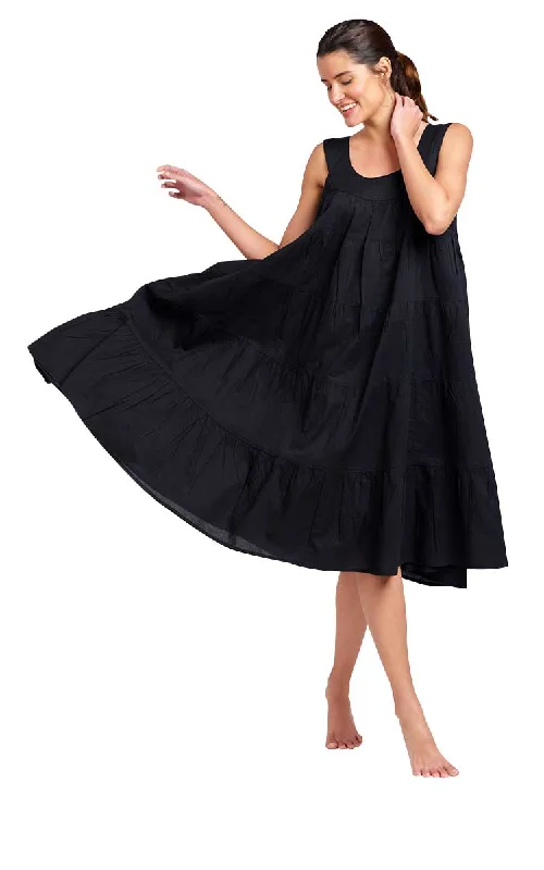 Arabella 100% Cotton Nightgown Sleeveless Tiered in Black MD-764BK