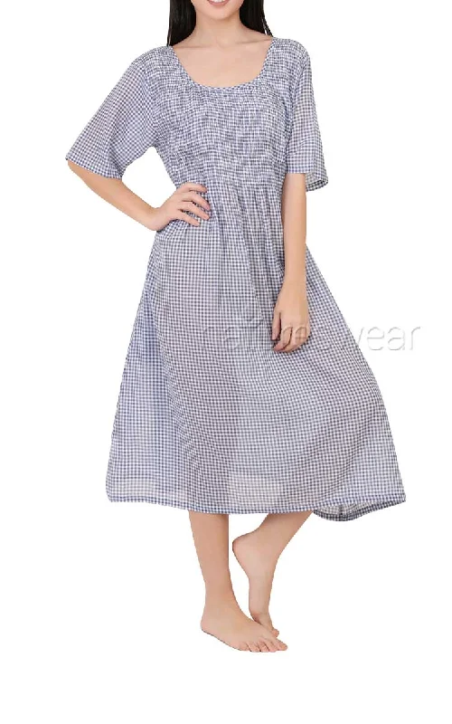 Arabella 100% Cotton Nightgown with Short Sleeve in Blue Gingham MD-83EEB