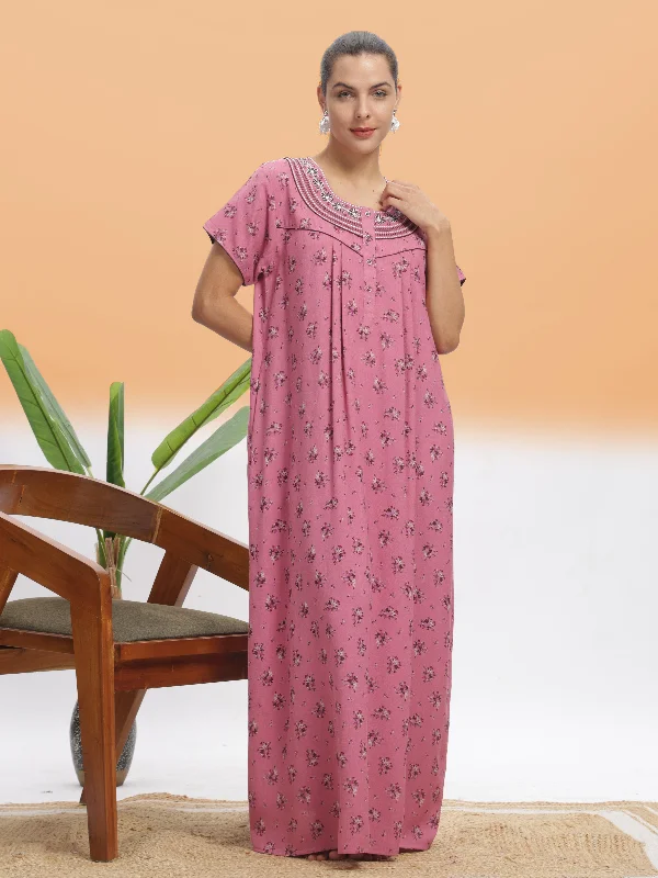 Chic Pink Blossom Alpine Maxi Nighty - Floral Print Designer Nightdress