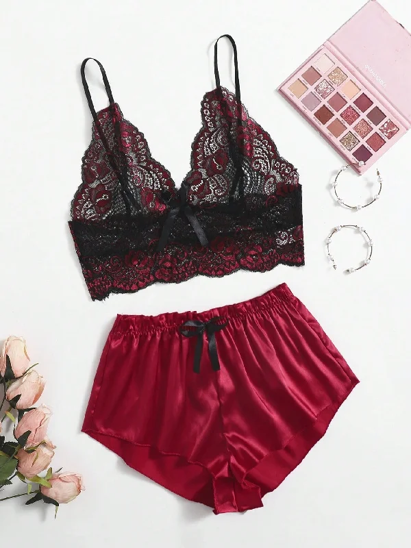 Classic Sexy Floral Lace Bralette With Satin Shorts