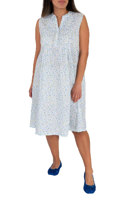 French Country 100% Cotton Nightgown Sleeveless in White and Blue Floral FCW230