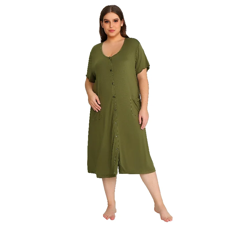 RH Nightdress Shortsleeve Button Down Plus size Womens Sleepwear Lounge Pajama Dress PRHW2896