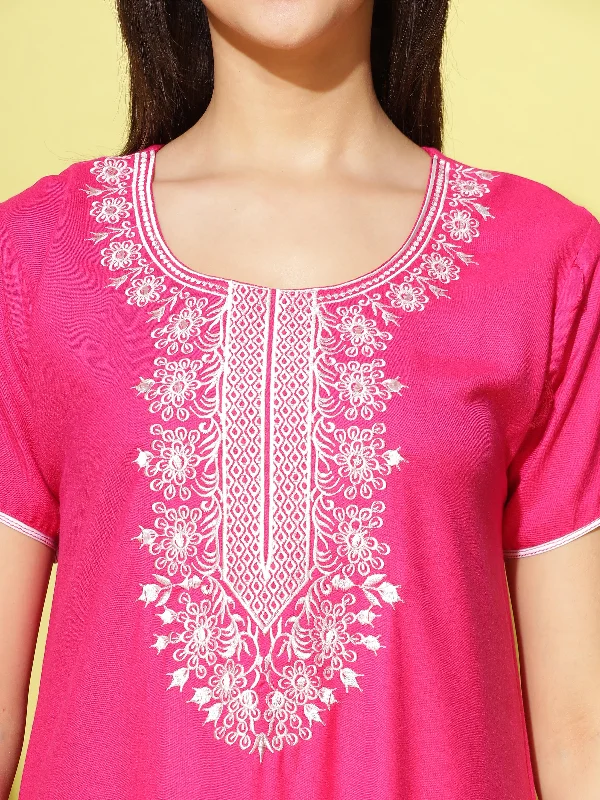 Stylish Rani Pink Designer Nightgown with Neck Embroidery