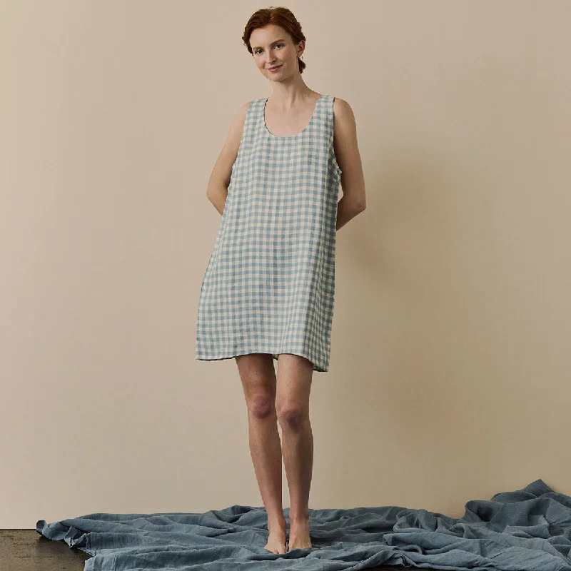 Warm Blue Gingham Linen Night Dress