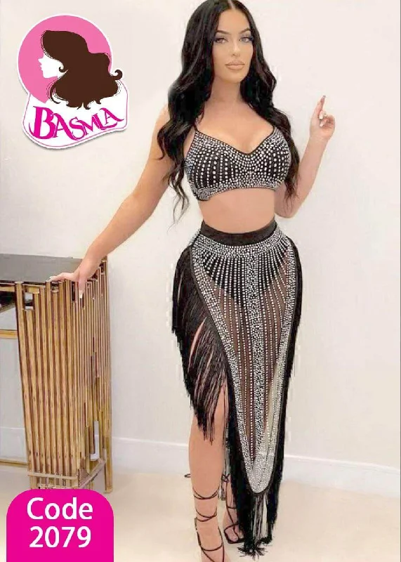 Women's Long Sleeve Sparkling Rhinestone Two Pieces Outfit Bodycon Dress Tassel Mesh Birthday Party Night Club Dresses belly dance