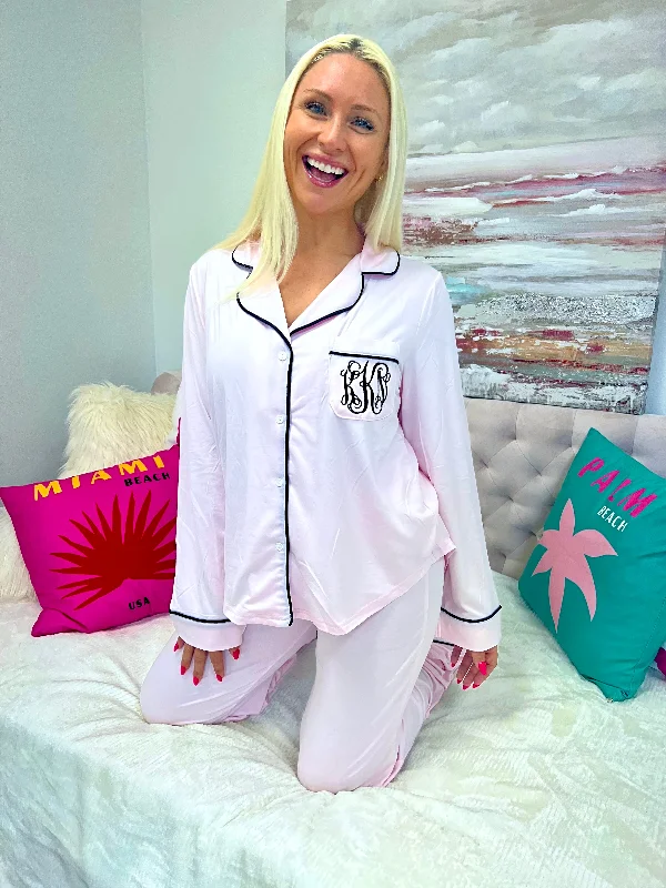 Monogram Pink with Black Trim Long Sleeve Pajama Top