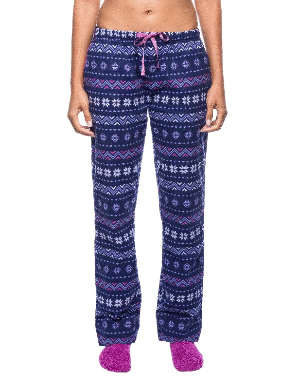 Womens Premium 100% Cotton Flannel Lounge Pants - Nordic Snowflakes Blue