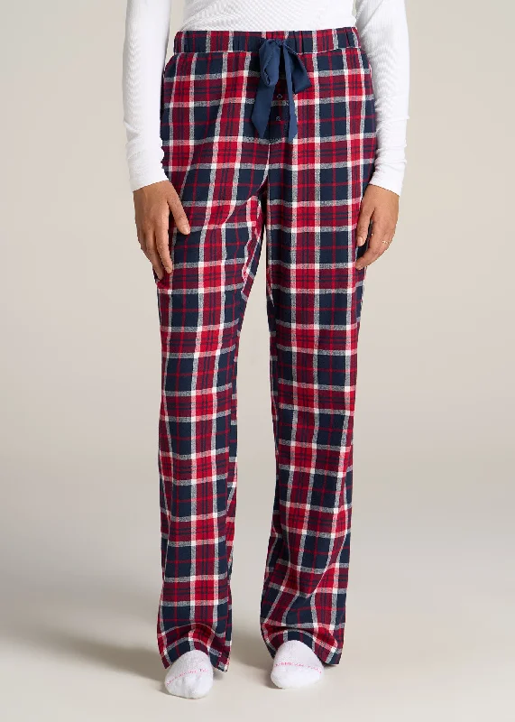 Open-Bottom Flannel Women's Tall Pajama Pants in Apple Red and Navy Plaid