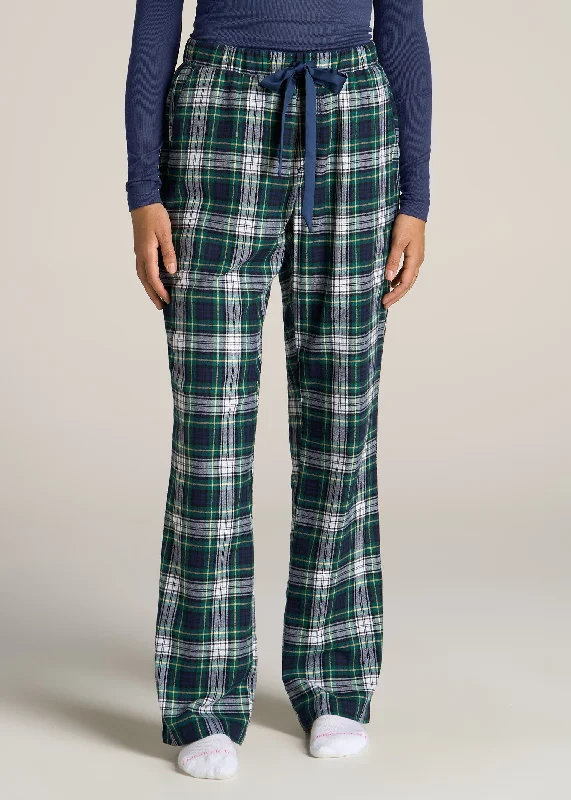 Open-Bottom Flannel Women's Tall Pajama Pants in Green and Navy Tartan