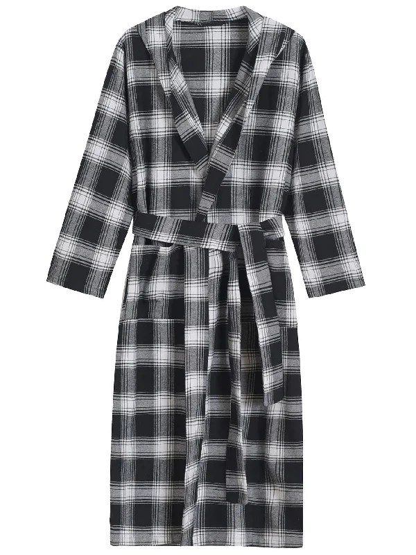 Men's Cotton Flannel Robe Long Hooded Bathrobe