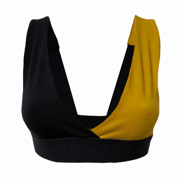 Black and Mustard Organic Half and Half Cross-over Bra