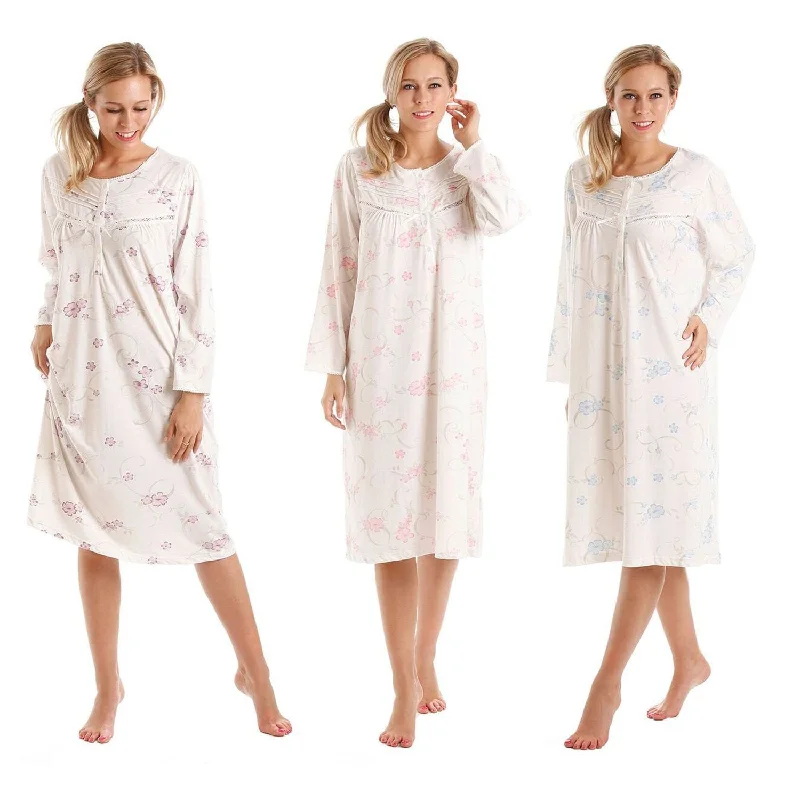 Long Sleeve Floral Cotton Jersey Nightdress