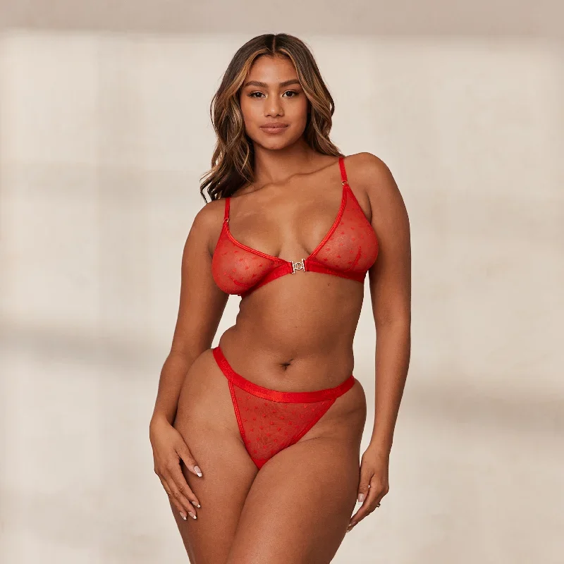 Love Heart Mesh Triangle Bra  - Red