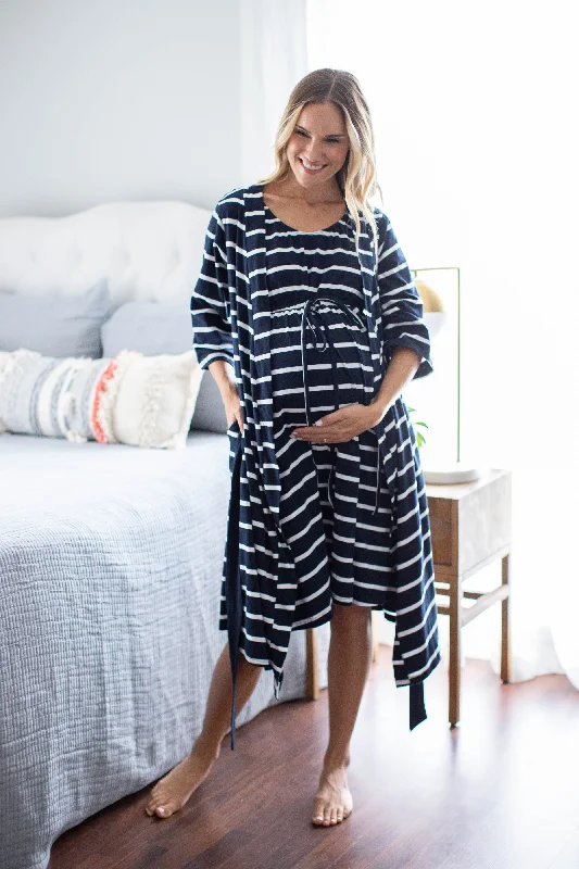 Navy Stripe Robe & 3 in 1 Labor Gown Set